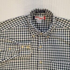 Tony Lama Men Medium Gingham Western Button Down Shirt Navy Green Cotton RN74241